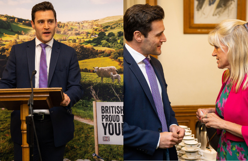 Dr Luke Evans MP giving a speech at the NFU event, Dr Evans and NFU President Minette Batters