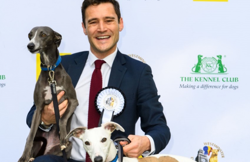 Dr Luke Evans P with his whippets, (L-R) Roux and Ada