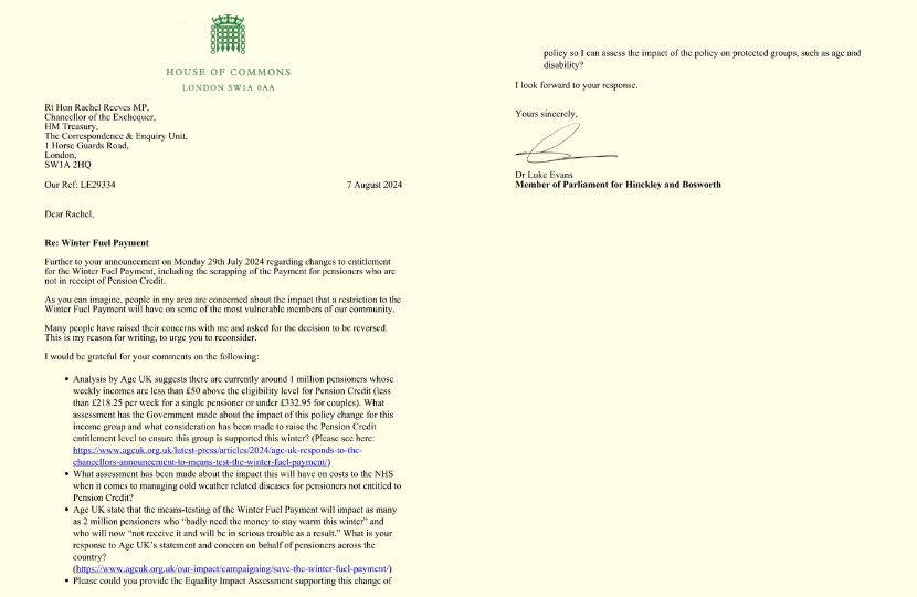 Letter from Dr Luke Evans MP regarding the Winter Fuel Payment